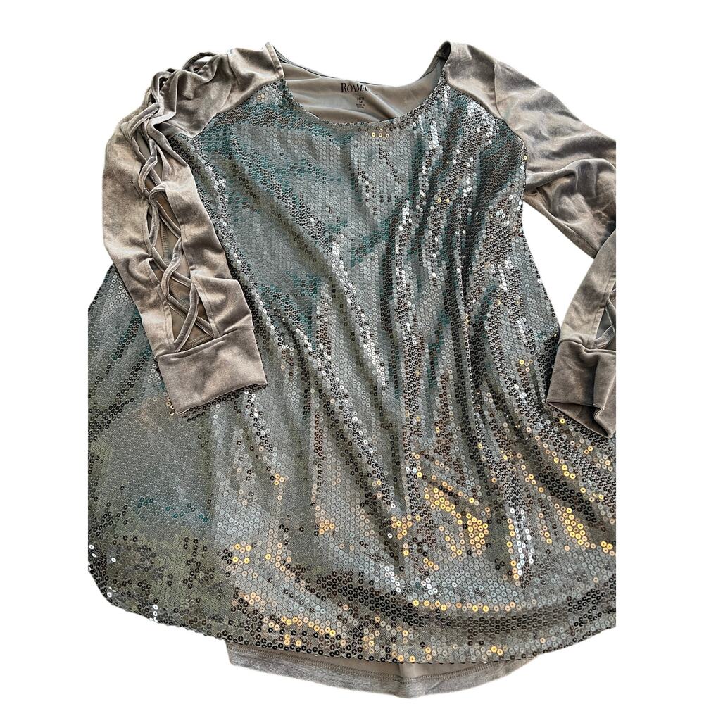 Roamans gray silver sequin velvet bling top shirt cut out criss cross sleeve 14
